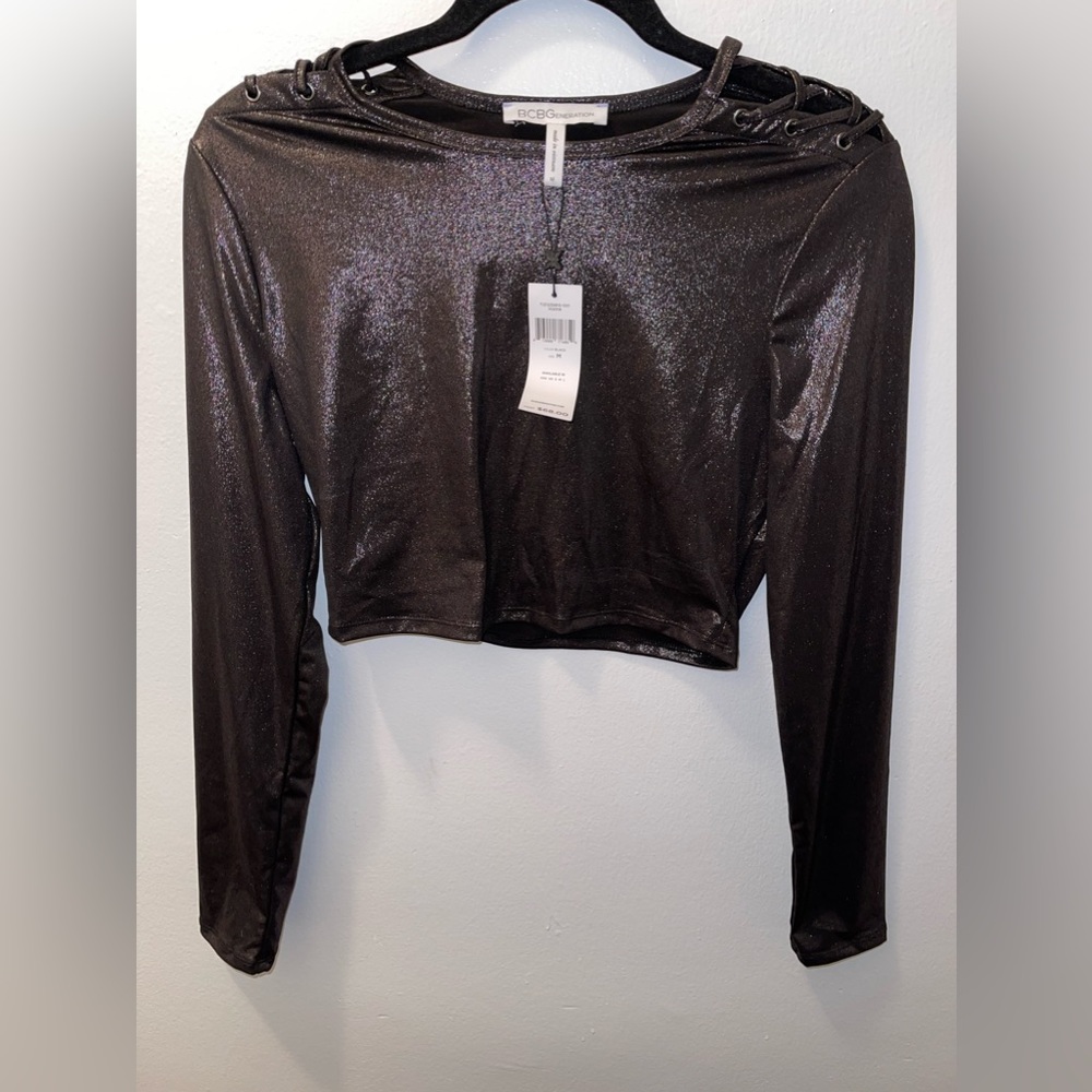 BCBGMAXAZRIA Metallic Long Sleev Cropped Top - M
